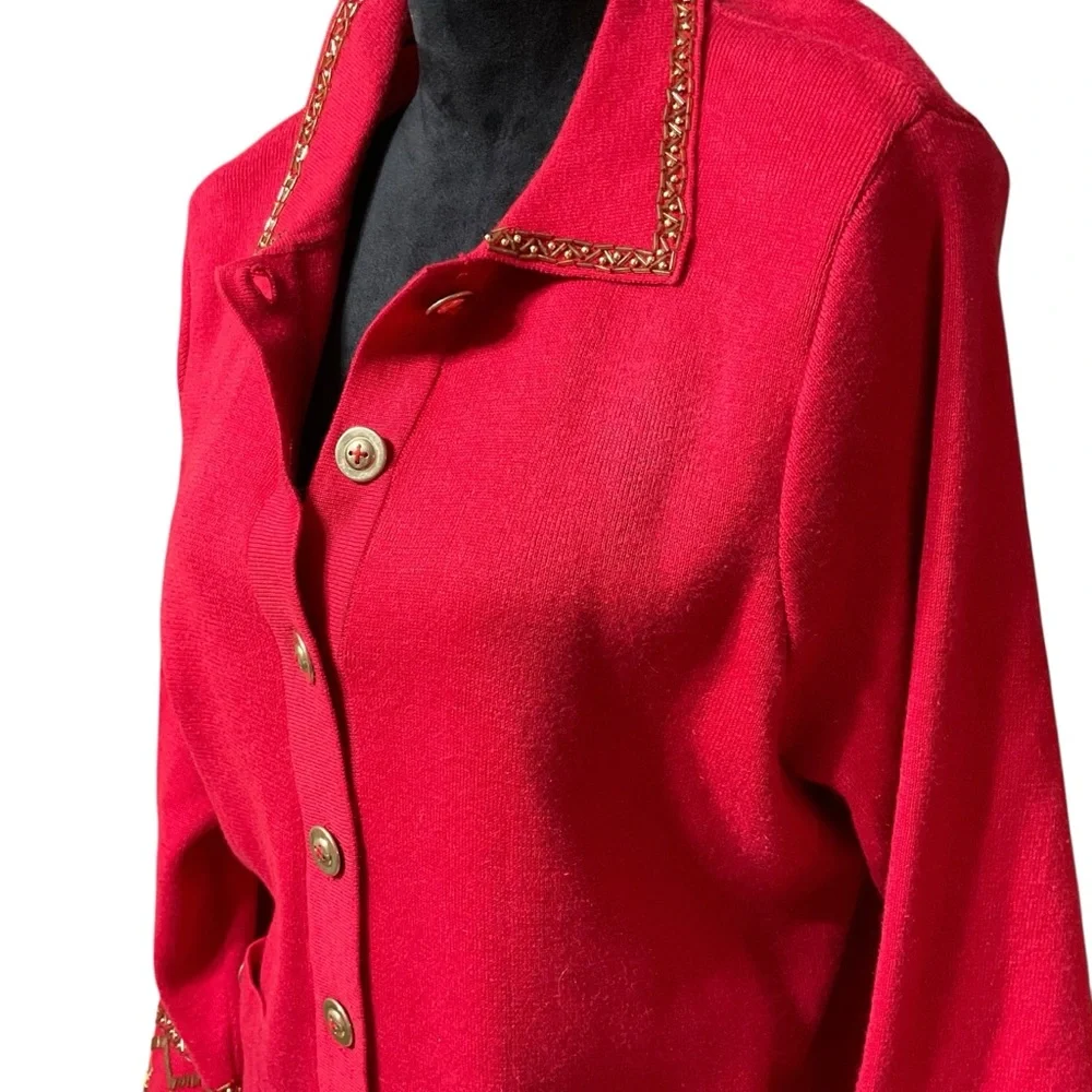 Carol Patterson Knits Women’s Embellished Linen Blend Red. Vintage Cardigan. MED